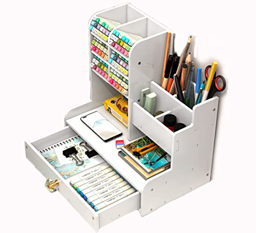 Notwoe Organizador Escritorio con Cajón,Organizador de Escritorio Versátil,Organizador Rotuladores de Escritorio,Lapiceros Para Escritorio Blanco Para Casa,Oficina y Escuela.
