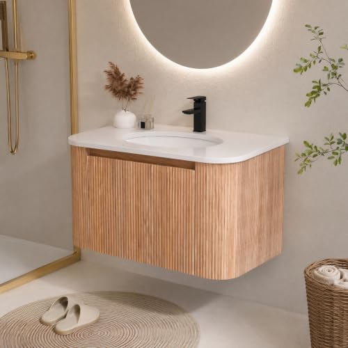 Image of 30 Inch Wall Mounted Bathroom Vanity with Ceramic Sink, Pre-Assembled Floating Vanity Cabinet with Marble Countertop, Wave Texture Finish & Drawer, Wood
