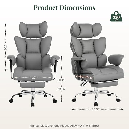Image of Big and Tall Ergonomic Office Chair,350 lbs,High Back Reclining PU Leather Gaming Chair with Footrest, Adjustable Armrests, Lumbar Support, Executive Desk Chair for Home Office, Grey