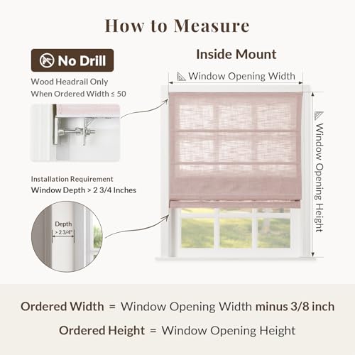 Image of TWOPAGES Liz No Drill Cordless Roman Shades Linen Textured Roman Blinds for Windows, Custom Made Room Darkening Blackout Roman Window Shades, Hardware Included, Pink Lemonade, 1 Piece