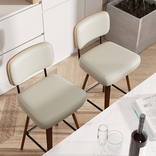 Image of Swivel Bar Stools Set of 3, 26 inch Upholstered Faux Leather Counter Height Barstools with Walnut Back & Bentwood Legs, Mid Century Modern Bar Chairs Island Stools for Kitchen Counter, Beige Grey