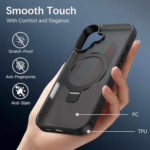 Image of DOMAVER Magnetic for iPhone 17 Case [Compatible with MagSafe] with Ring Holder Stand, Matte Translucent Slim Shockproof Protective Phone Case for iPhone 17 Pro 6.3 Inch, Black