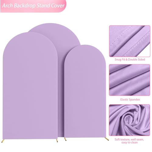 Image of Wokceer Wedding Arch Backdrop Cover (7.2FT, 6.6FT, 6FT) Set of 3 Spandex Fitted Wedding Arch Stand Covers for Round Top Chiara Backdrop Stands Cover for Birthday Party Ceremony Decor Lavender