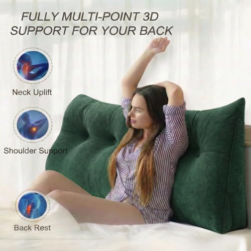 Image of Luxury Velvet Tufted Wedge Pillow with Side Pocket - Soft Headboard Back Support Cushion for Bed, Sofa & Floor Seating - Green Color