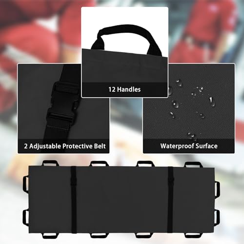 Image of Portable Transport Stretcher with 12 Handles，Dog Stretcher & Gurney with Carrying Bag Patient Animal Mover Travel Size Emergency Casualty Evacuation-Capacity 400lbs (Black)
