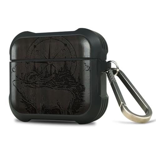 Carveit Custodia in Legno Compatibile con AirPods 4 (2024) Gen Case, Cover Protettiva in Antiurto per Apple AirPods 4 Gen con titanio Moschettone (Legno nero-Compass per Renne)