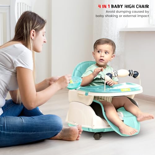 Image of BAYBEE 4 in 1 Convertible High Chair with Adjustable Height and Footrest,Baby Toddler Feeding Booster Seat with Tray,Wheels,Safety Belt and Cushion,for Boys & Girls 6 Months to 3 Yrs (Nora Green)