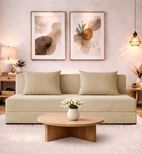 Image of Adorn India Easy 4 Seater Sofa Cum Bed | Velvet Fabric | Cream | Plain Design | 6x6 Ft | Comfortable Seating | Washable Cover | Perfect for Home & Office
