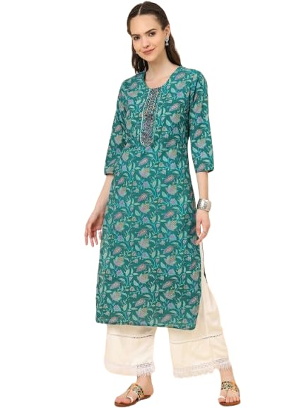 Image of Varanga Women Turquoise Blue Floral Printed Straight Kurta with 3 /4th Sleeves (Large)