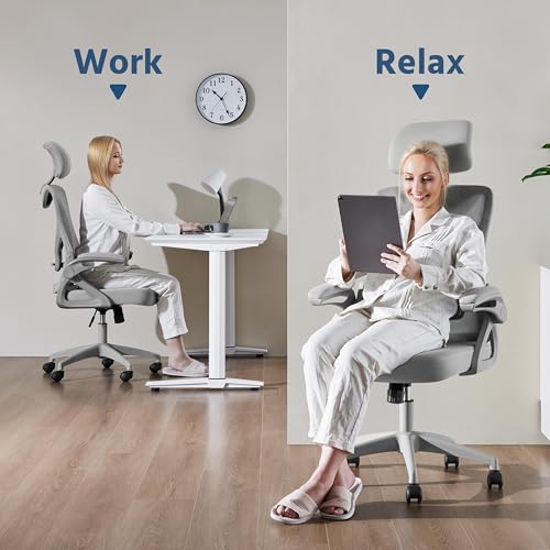 Image of Yaheetech Ergonomic Office Chair with Headrest, Lumbar Support, Grey | Breathable mesh high-back adjustable headrest, padded seat, and flip-up armrests supports your back and neck, holds 300lb