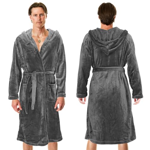 Mens Hooded Robe Fuzzy Mens Robe Bathrobe Long Spa Robe with Belt 2 Pockets Soft Warm Knee Length Bathrobe3