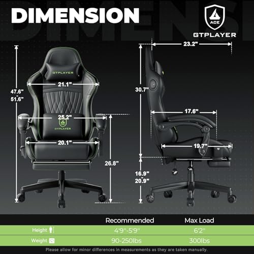 GTPLAYER ACE-PRO Music Gaming Chairs – Built-in Speakers, App Support & Bluetooth Control, Computer Game Chairs with Footrest for Adults, Ergonomic, Reclining, Linkage Armrest, Black & Green Stitch