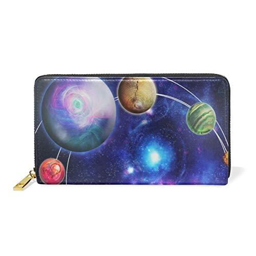 Preisvergleich Produktbild GIGIJY Galaxy Planeten im Sternenhimmel, Geldbörse, mehrere Kreditkartenfächer, Tasche für Frauen, echtes Leder, mit Reißverschluss