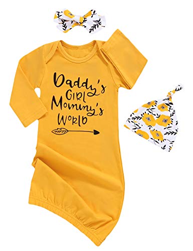 Dramiposs Newborn Daddy's Girl Mommy's World Nightgown with Floral Hat and Headband (Yellow,0-3 Months)