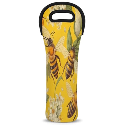 Bee Honey Yellow Wine Carrier Tote Bag Yellow Honeycomb Farmhouse Neoprene Wine/Water Bottle Tote for Picnic Party Restaurant