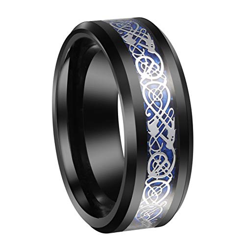 8mm Tugsten Rings for Men,Silver Celtic Dragon Black Ring Band with Blue Imitated Carbon Fiber Inlay,Promise Rings for Couples,Size 9