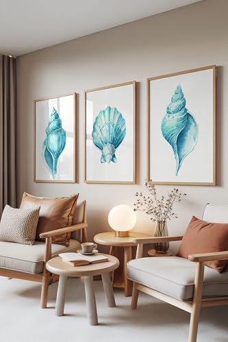 Ahşap Çerçeveli 3'lü Tablo Seti, Deniz Kabuğu – Turkuaz Tonlar, Salon Set No: 30110 10 x 15
