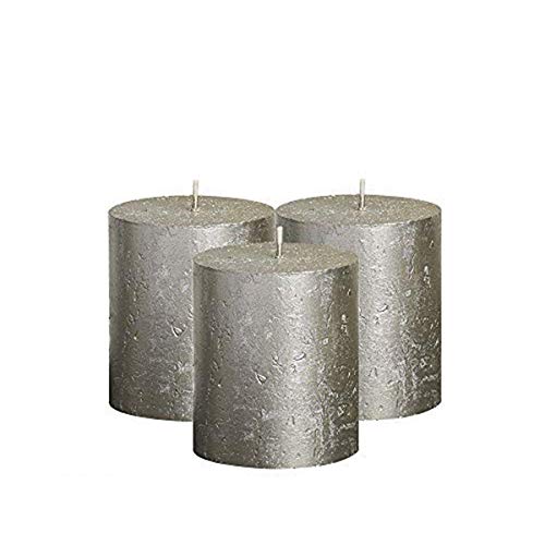 BOLSIUS Unscented Pillar Candles - Rustic Full Metallic Campagne Candle 2.75" x 3.25" - Decorative Candles Set of 3 -Clean Burning Candles for Wedding & Home Decor Party Restaurant Spa-Apr (80/68m)