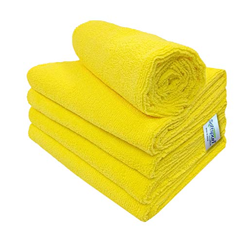 Image of SOFTSPUN Microfiber Cleaning Cloths, 40X60 cms 5 pcs Towel Set 340 GSM Yellow. Highly Absorbent Lint and Streak Free Multipurpose Wash Cloth for Kitchen Car Window Stainless Steel Silverware.