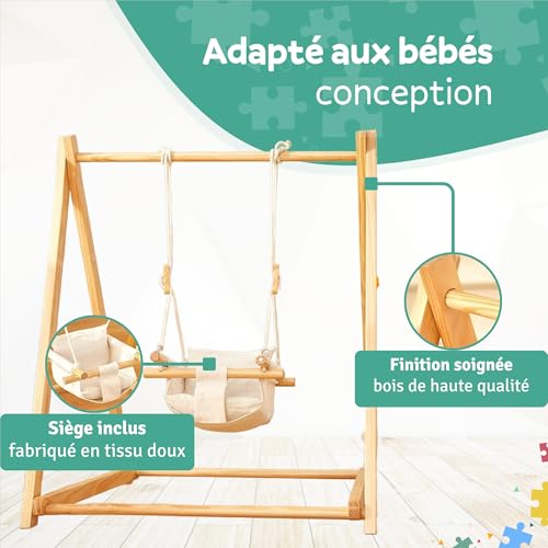 Balançoire en Bois pour bébé avec siège à Bascule Pliable, balancelle évolutive et Chaise à Bascule Enfant, Baby Swing en Bois Naturel Stable et sûr, Jouet bébé pour intérieur et extérieur sécurisé – Image 6