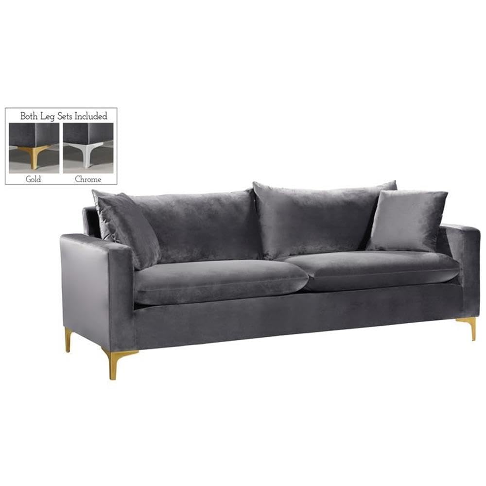 Meridian Furniture Naomi Collection Modern | Contemporary Grey Velvet Upholstered Sofa with Stainless Steel Base in a Rich Gold or Chrome Finish