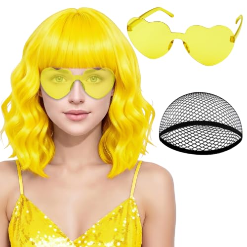 PLULON Yellow Wavy Curly Bob Wig with Bangs Heart Sunglasses for Women Colored Neon Funny Party Wigs Short Curly Hair with Hair Cap for Christmas Halloween Costume Music Festival Bachelorette Party
