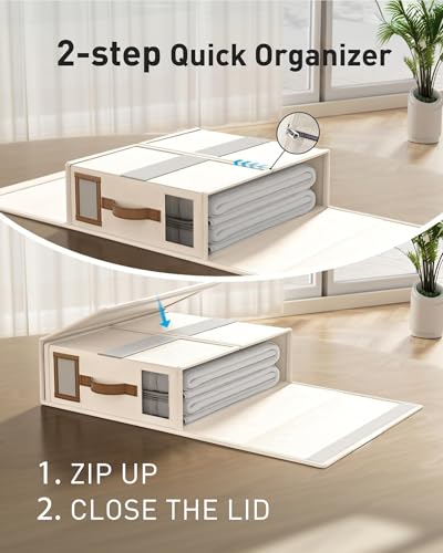 Bubooo3 Linen Bed Sheet Organiser Box, 3 Faltbarer bettwäsche aufbewahrungbox mit Transparentem Fenster & Etikett, bettkasten aufbewahrungstasche für Bettwasche, Decken & Kleidung, Linen Beige