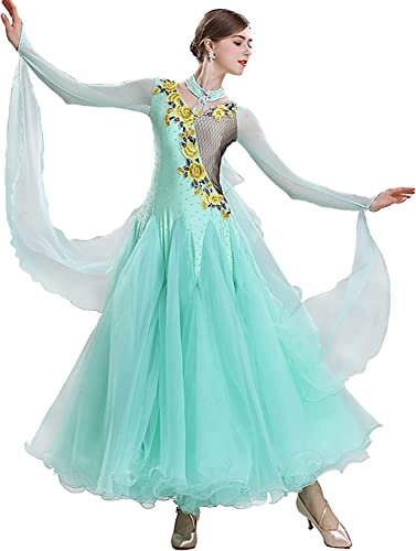 Fisecnoo Vestidos De Baile De Competición De Salón Profesional para Mujeres con Cuello En V Bordado Vals Tango Traje De Actuación (Color : Cyan, Size : XL.) Cover