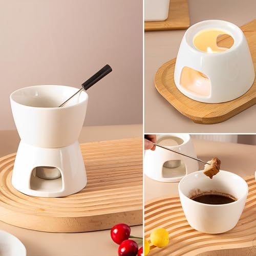 MZSX Keramik Schokofondue-Topf-Set, Käse Fondueset mit 1 Teelicht & 4 Gabeln Aus Rostfreiem Stahl, Mini Schokofondue Käsefondue Fondue Set, für Haus, Restaurant und Café