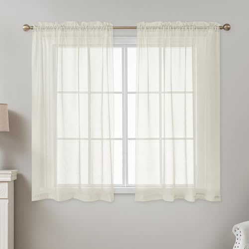 Image of Ivory Sheer Curtains 54 Inch Length, Privacy Semi Sheer Curtains for Dining Room Kitchen, Light Filtering Rod Pocket Voile Window Drapes 2 Panels Set, Each 42 inch W x 54 inch L
