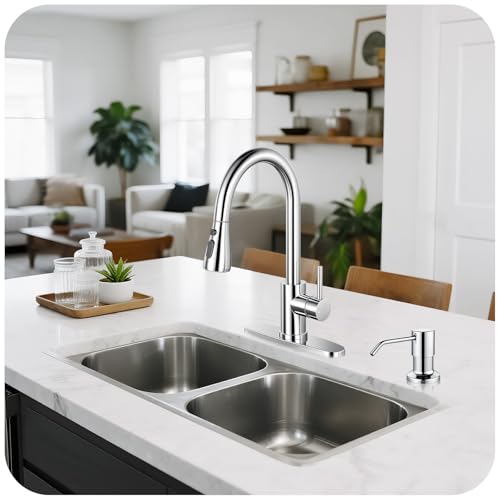 Image of Pull Down Kitchen Faucet with Soap Dispenser - Polished Chrome Single Handle Kitchen Faucets, High Arc Stainless Steel Pull Out Kitchen Sink Faucet with Deck for RV Laundry Farmhouse Bar