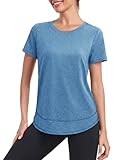 Fisoew Damen Sportshirt Fitness Rundhals T-Shirt Kurzarm Workout Tops Leicht Gym Oberteile Blau L