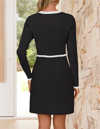 ZESICA Women's Fall Long Sleeve Bodycon Sweater Dress Crewneck Button Knit Color Block Party Mini Dresses4