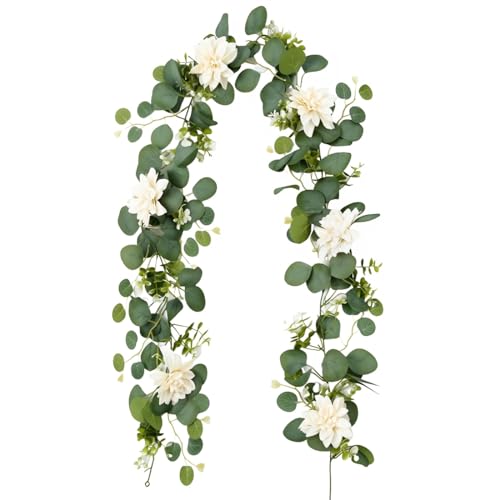 HAMKU 1 Pcs Guirnaldas Artificiales Guirnalda Verde Colgante de 1,8 m Decoración de Hojas de Eucalipto con Flores Blancas, Vid de Eucalipto para Telón de Fondo, Arco de Boda
