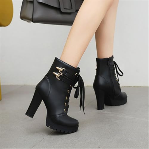Image of FOREADA Goth Boots Chunky Heel Boot For Women Ankle Combat Booties Black Platform Bootie Buckle Rivets Punk Goth Shoes With Zipper
