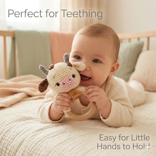 Image of Crochet Baby Teether Cow - Soft Handmade Cotton Rattle Toy with Wooden Ring for Infants - Cow 1 PCS