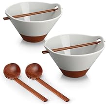 MALACASA 42 oz Ceramic Ramen Bowl Set with Wooden Spoon & Chopsticks, Japanese Style Soup Bowls for Ramen, Pho, Noodles Set of 2, Microwave & Dishwasher Safe, Series TARA Gray and Khaki