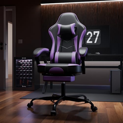 Image of Gaming Chair with Footrest for Home Office - High Back Computer Chair with Headrest and Lumber Support, Ergonomic Height Adjustable Leather Game Chairs (Black+Purple)