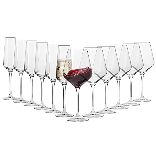 Krosno Glasses Set | 6X Red Wine Glasses 16.6 Oz + 6X Crystal Champagne Flute Glasses 6.1 Oz | Crystal Glass | Perfect For Home, Restaurants And Parties | Dishwasher Safe #TOP23