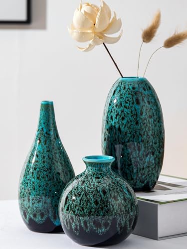 Ceramic Bud Vase Set, Fambe Blue Glazed Finish, Decorative Flower Vases (Blue-Set of 3)