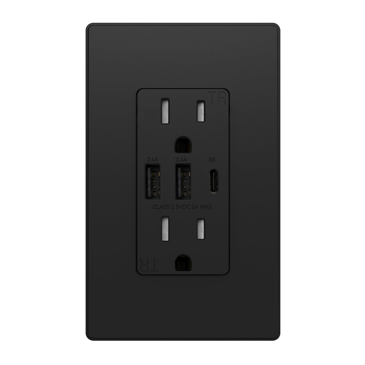 ELEGRP USB Outlets Receptacles, 3-Port Wall Outlet, 30W 6.0A Electrical Outlet, 15 Amp Tamper-Resistant Outlet with Type C Ports, UL Listed, Wall Plate Included, 1 Pack, Matte Black