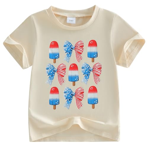 Image of Kids Toddler Girls 4th of July T-Shirt Short Sleeve Patriotic Coquette Bow American Flag Independence Day Top