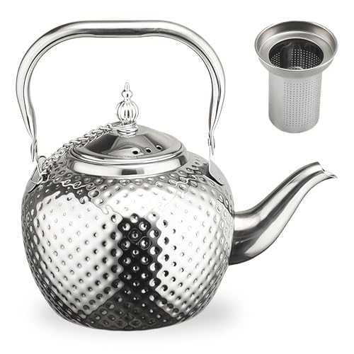GOEDCH Tetera de 1,2 litros con filtro y mango antiescaldaduras: aislamiento térmico, tetera, acero inoxidable martillado, tetera de acero inoxidable para casa, restaurante, suministros de viaje al