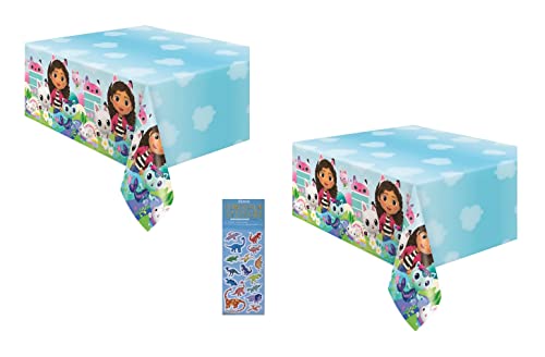 Gabbys Dollhouse Birthday Party Supplies Bundle includes 2 Plastic Table Covers and 1 Dinosaur Sticker Sheet by Unique - Used condition - US$14.25