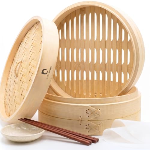 HAPPI STUDIO Bamboo Steamer Basket 12-Inch, 2-Tier Dumpling Steamer Cooking