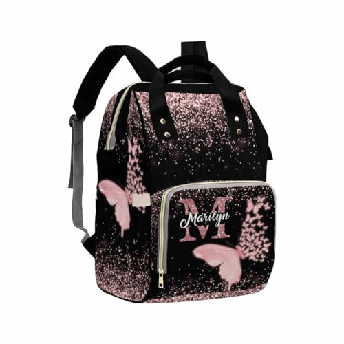 Artsadd Customized Large Capacity Diaper Bags Custom Pink Glitter Butterfly Diaper Backpack with Name Personalized Mommy Nursing Bags Casual Backpack for Women
