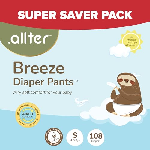 Image of .allter Breeze Baby Diaper Pants - S Size (4-8 Kgs) | 108 Count, Pack of 3 | AirFit Technology for Breathable Comfort | Dermat Tested | 12-Hour Dryness, Super Soft & Absorbent with Wetness Indicator