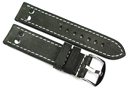 Bracelet 22mm cuir de vachette de style militaire avec rivets rétro noir - 2