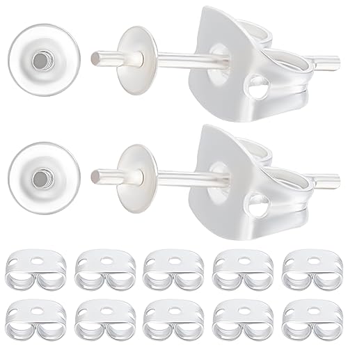 Beebeecraft 1 Box 20Pcs Pearl Cup Earring Post 925 Sterling Silver Stud Earring Findings 0.3mm Pin with 20Pcs Sterling Silver Plated Brass Ear Back for Half Drilled Beads DIY Jewelry Making