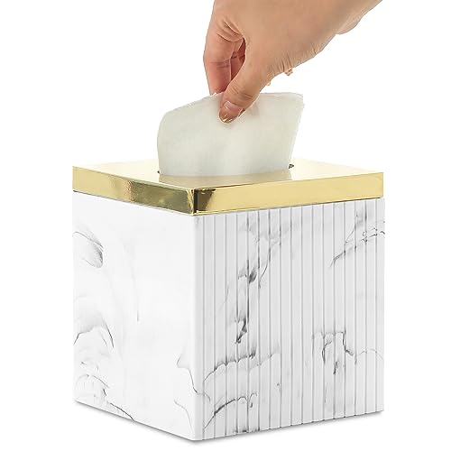 Luxury Tissue Box Cover Made of Marble Pattern Resin, Modern Square Facial Tissue Case with Golden Detachable Lid for Office, Toilet Paper Holder for Bathroom, Napkin Dispenser for Kitchen (White)